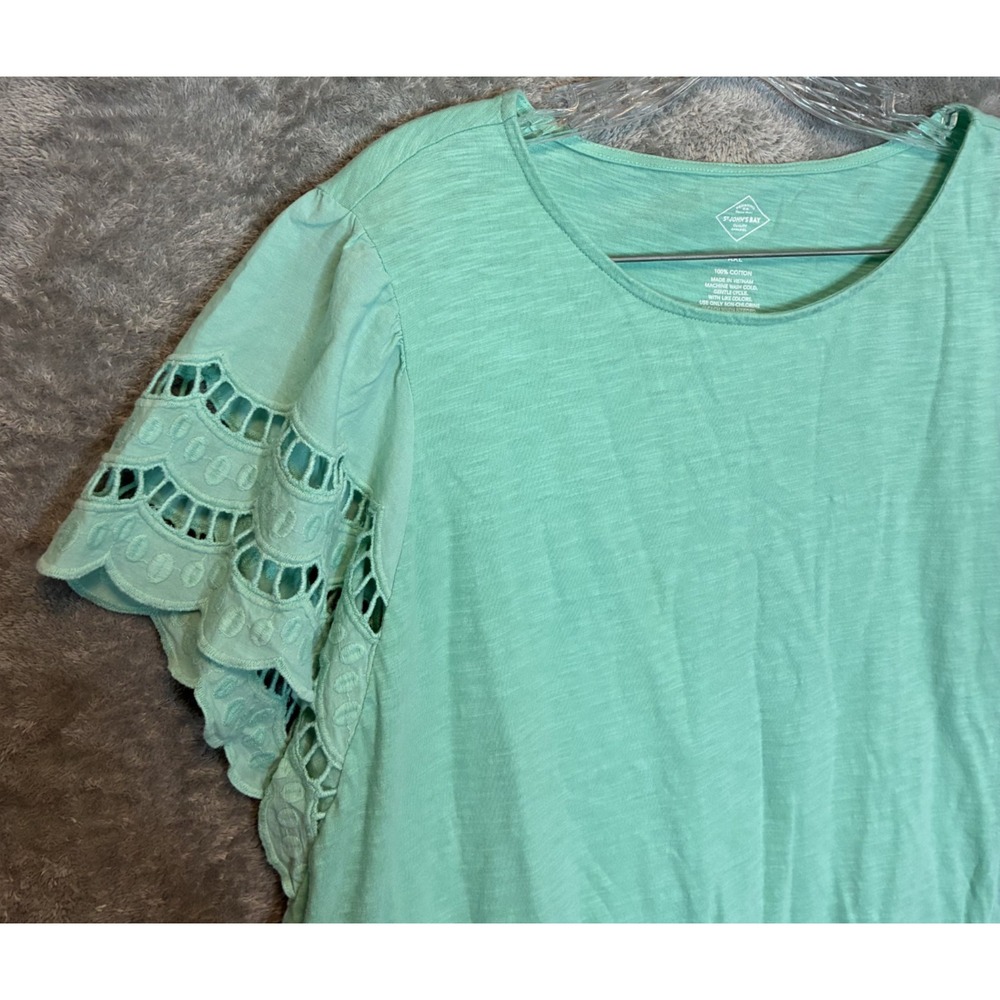 St Johns Bay Women Crochet Sleeve Slub Cotton Knit Top 2XL Boho Seafoam Green